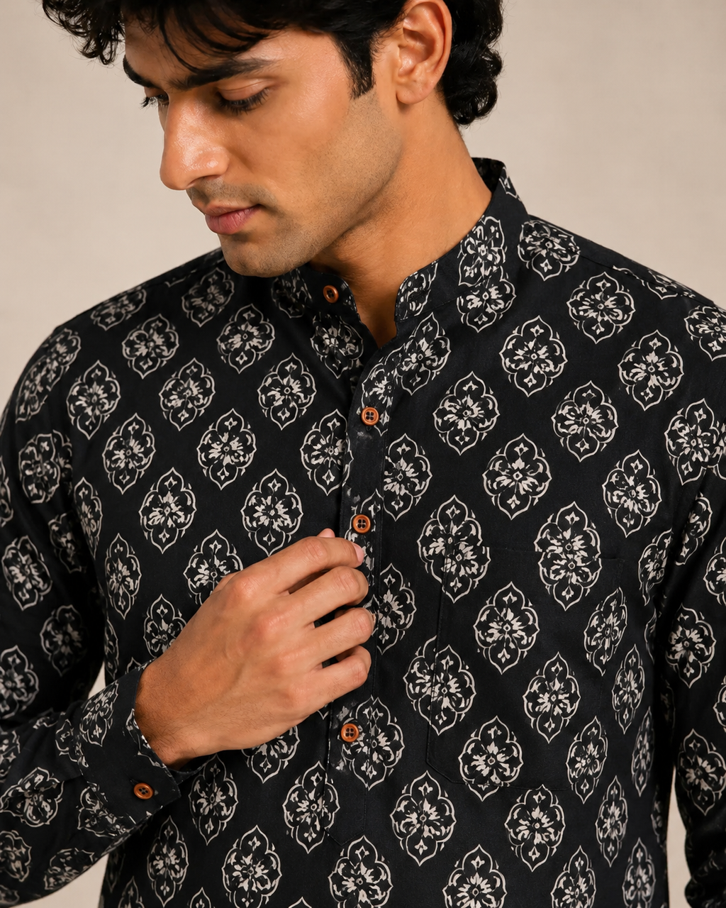 Men’s Black Sanganeri Print Cotton Short Kurta