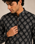 Men’s Black Sanganeri Print Cotton Short Kurta