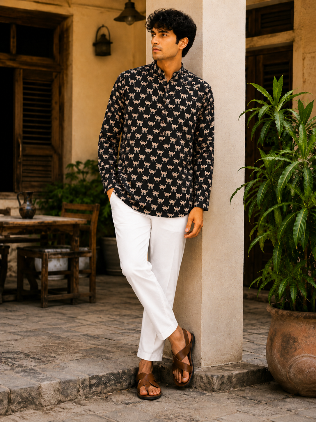 Men’s Black Sanganeri Print Cotton Short Kurta