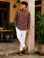Men’s Maroon Sanganeri Print Cotton Short Kurta