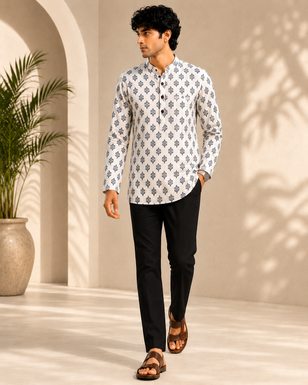 Men’s White Sanganeri Print Cotton Short Kurta
