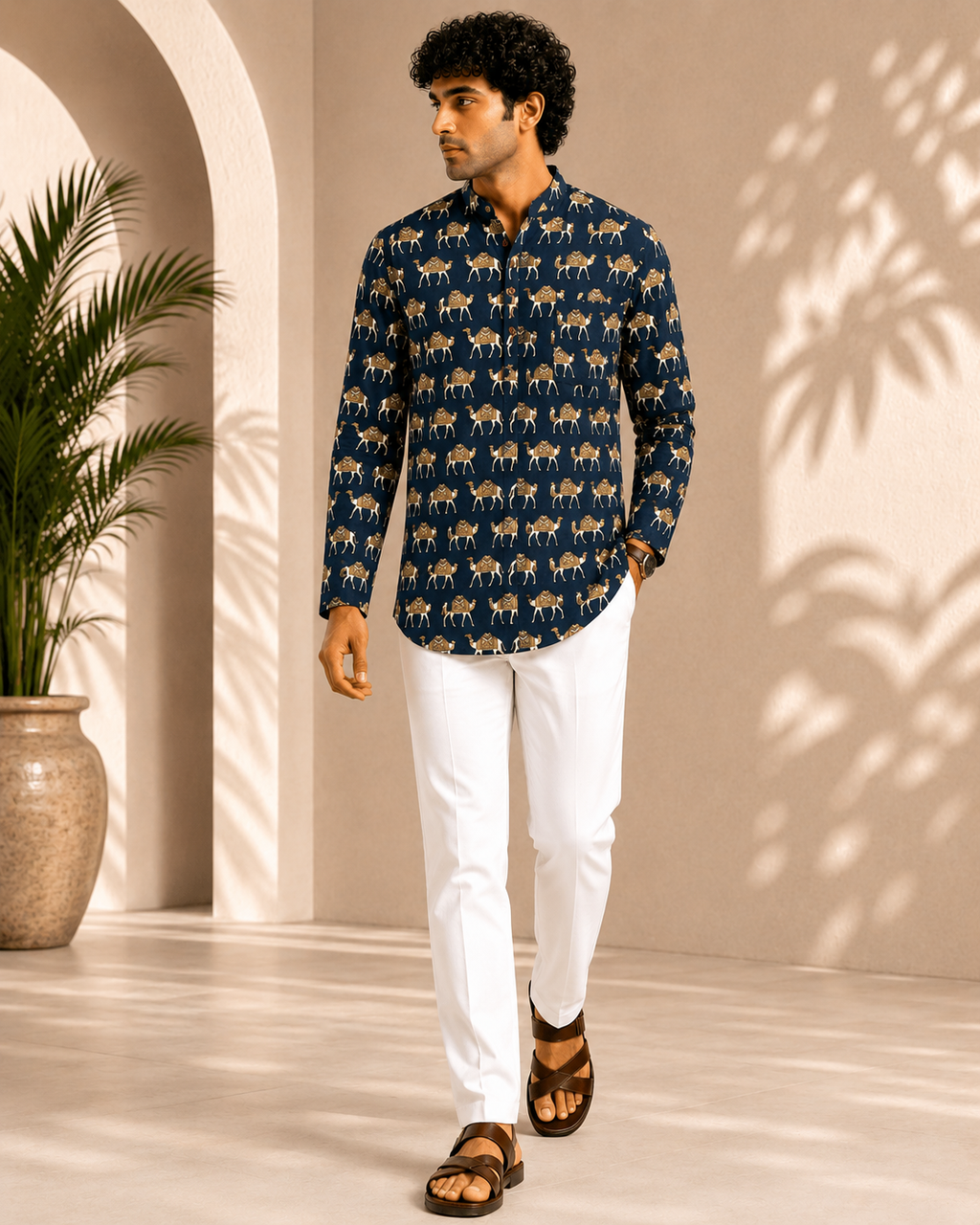 Men’s Navy Blue Sanganeri Print Cotton Short Kurta
