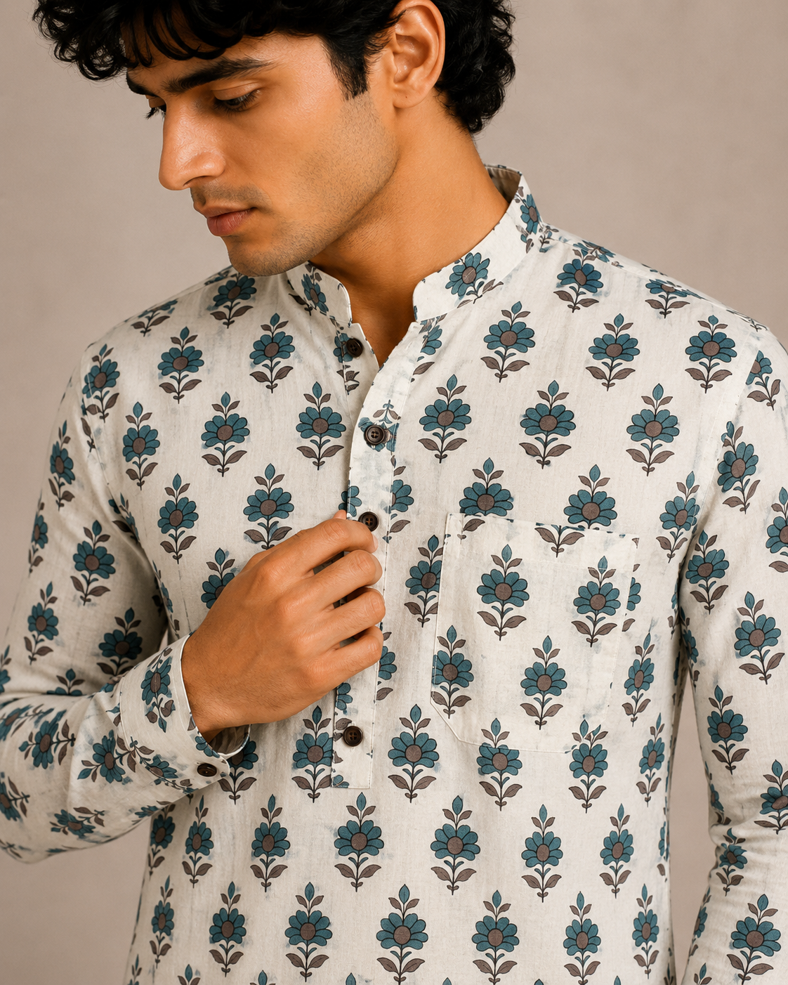 Men’s Ivory Blue Sanganeri Print Cotton Short Kurta