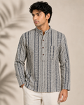 Men's Ivory & Navy Sanganeri Print Cotton Short Kurta