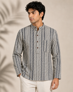 Men's Ivory & Navy Sanganeri Print Cotton Short Kurta