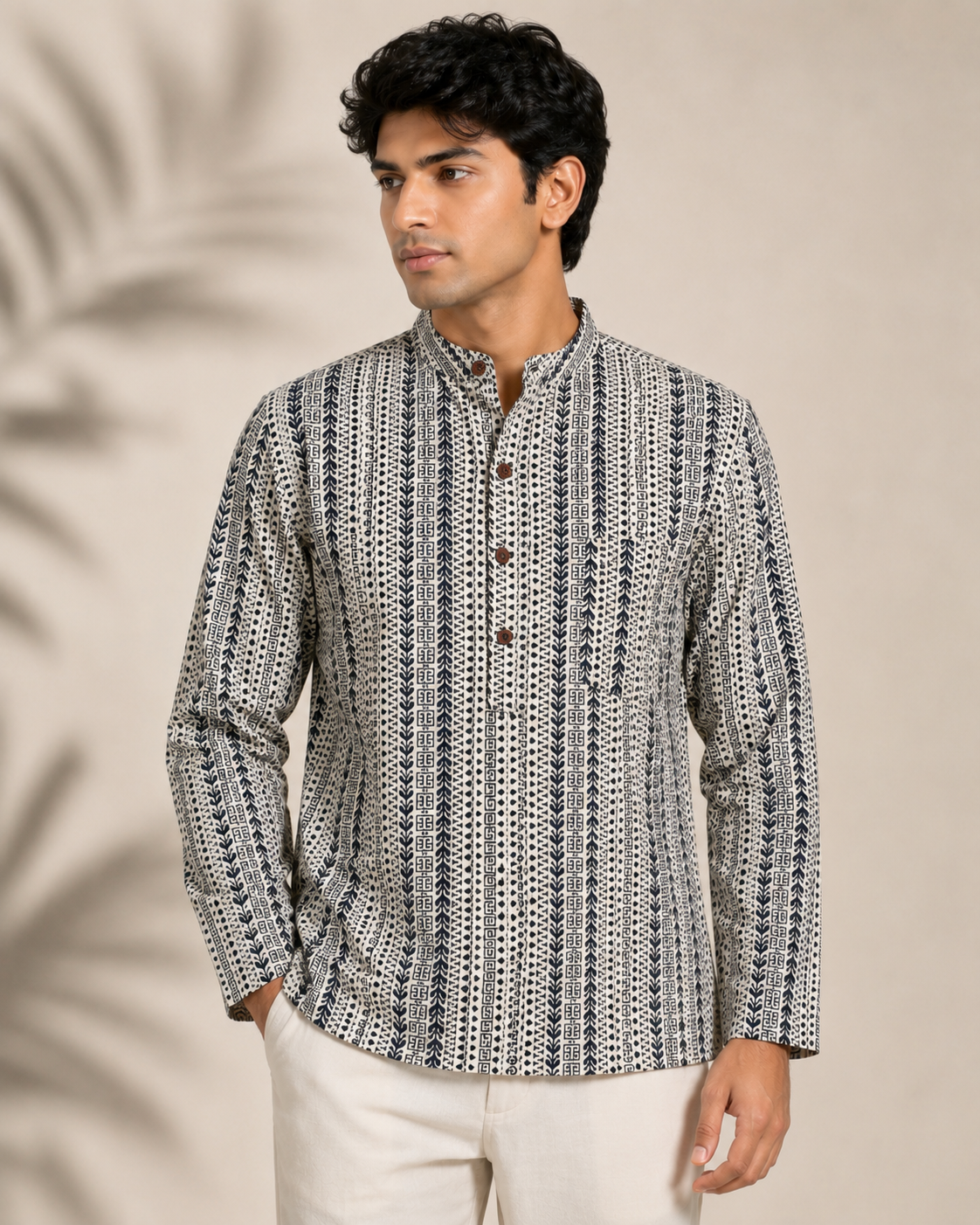 Men's Ivory & Navy Sanganeri Print Cotton Short Kurta