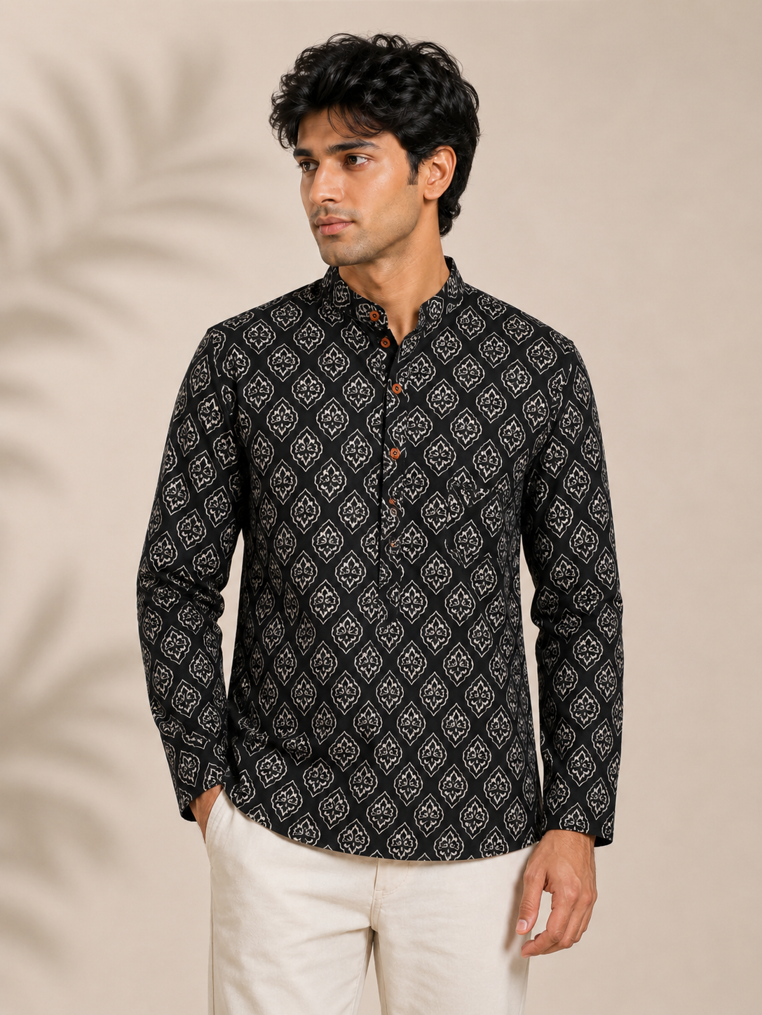 Men’s Black Sanganeri Print Cotton Short Kurta
