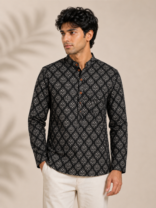 Men’s Black Sanganeri Print Cotton Short Kurta