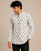 Men’s White Sanganeri Print Cotton Short Kurta