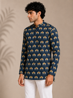 Men’s Navy Blue Sanganeri Print Cotton Short Kurta