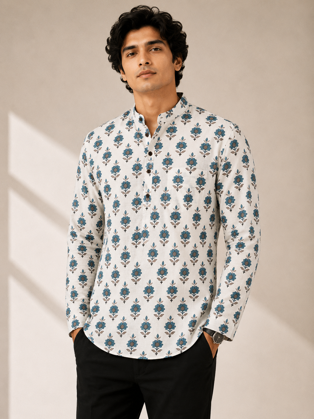 Men’s Ivory Blue Sanganeri Print Cotton Short Kurta