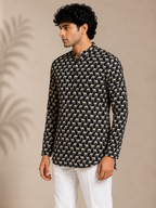 Men’s Black Sanganeri Print Cotton Short Kurta
