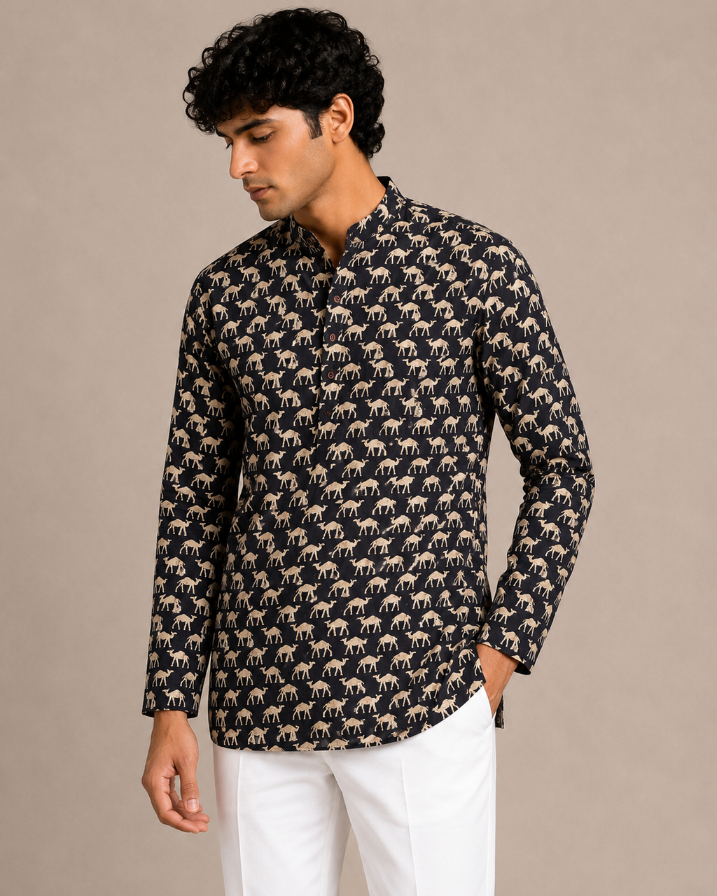 Men’s Black Sanganeri Print Cotton Short Kurta