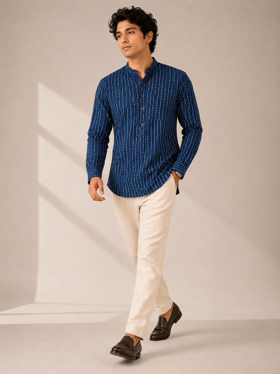 Men’s Indigo Sanganeri Print Cotton Short Kurta