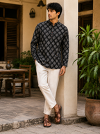 Men’s Black Sanganeri Print Cotton Short Kurta