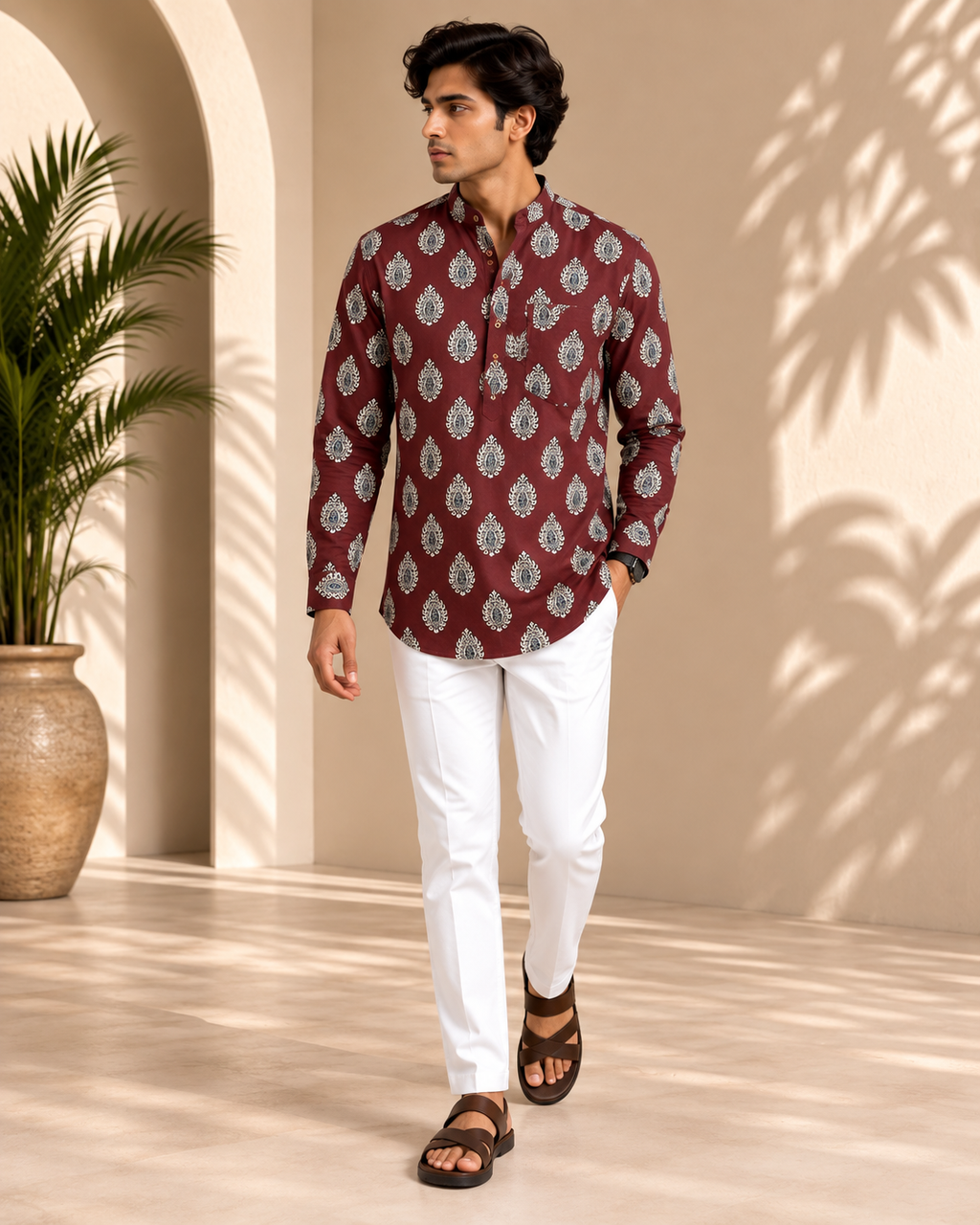 Men's Burgundy Heritage Sanganeri Print Cotton Short Kurta