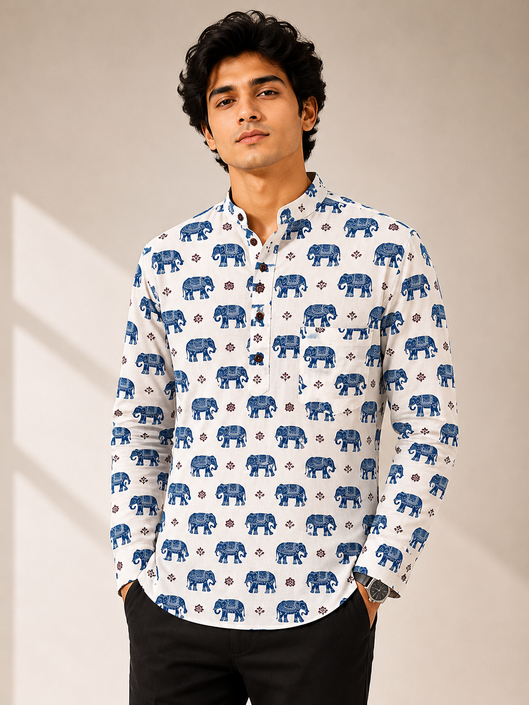 Men’s White Elephant Sanganeri Print Cotton Short Kurta
