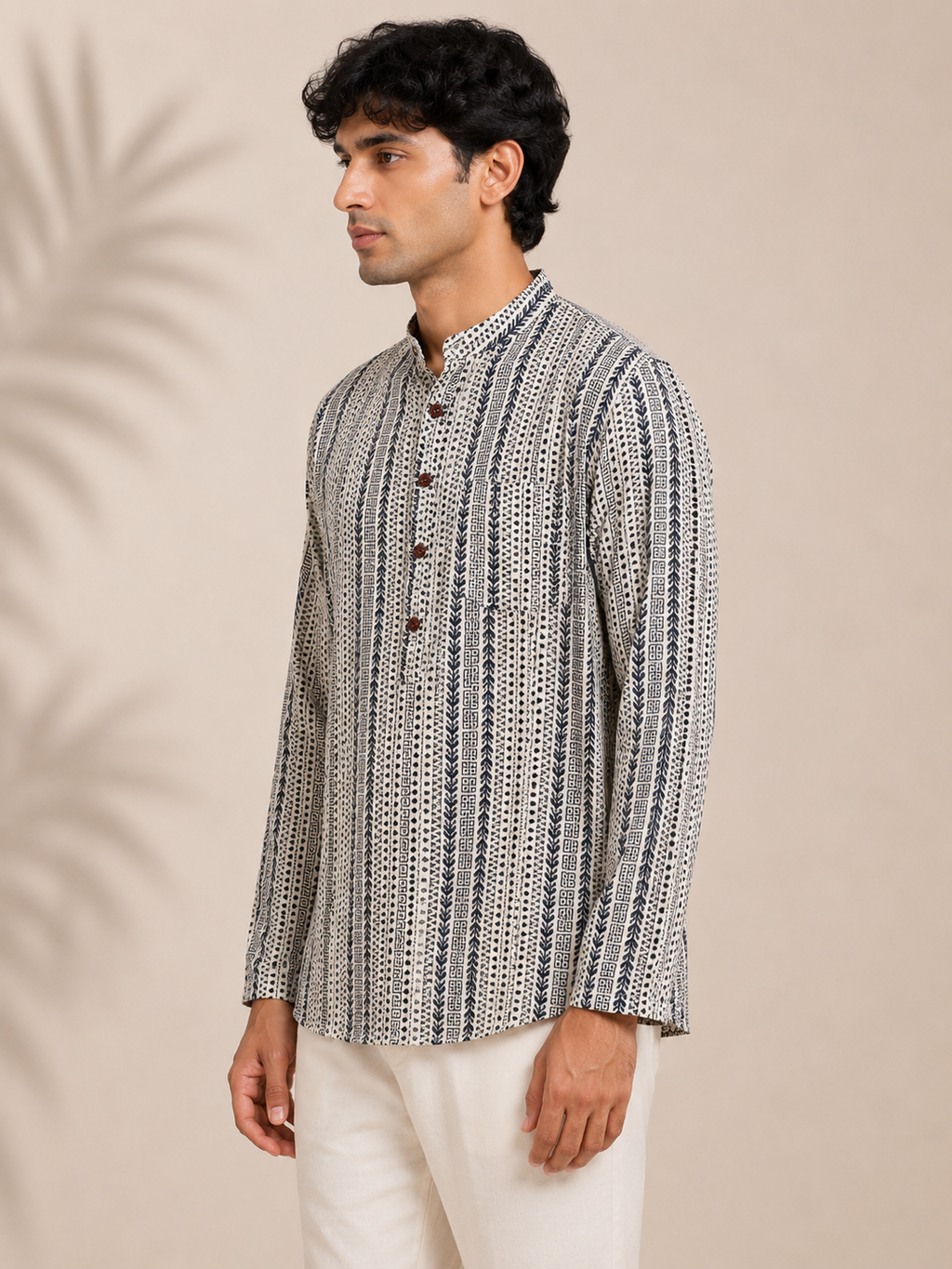 Men's Ivory & Navy Sanganeri Print Cotton Short Kurta