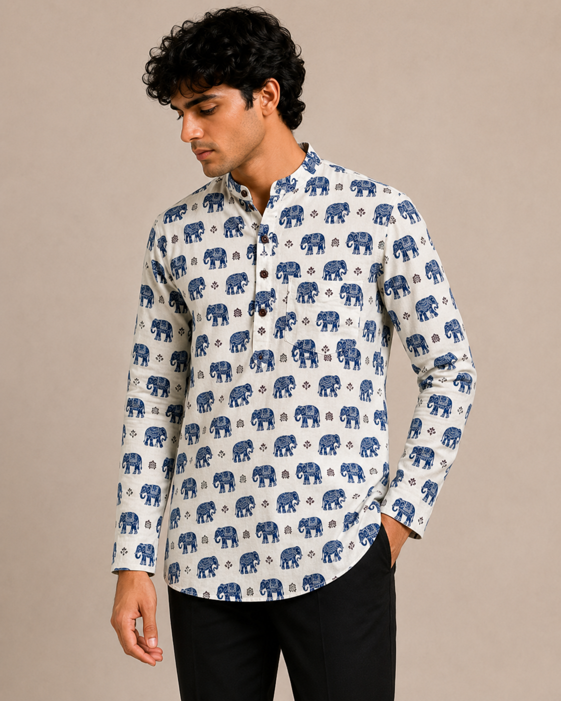Men’s White Elephant Sanganeri Print Cotton Short Kurta