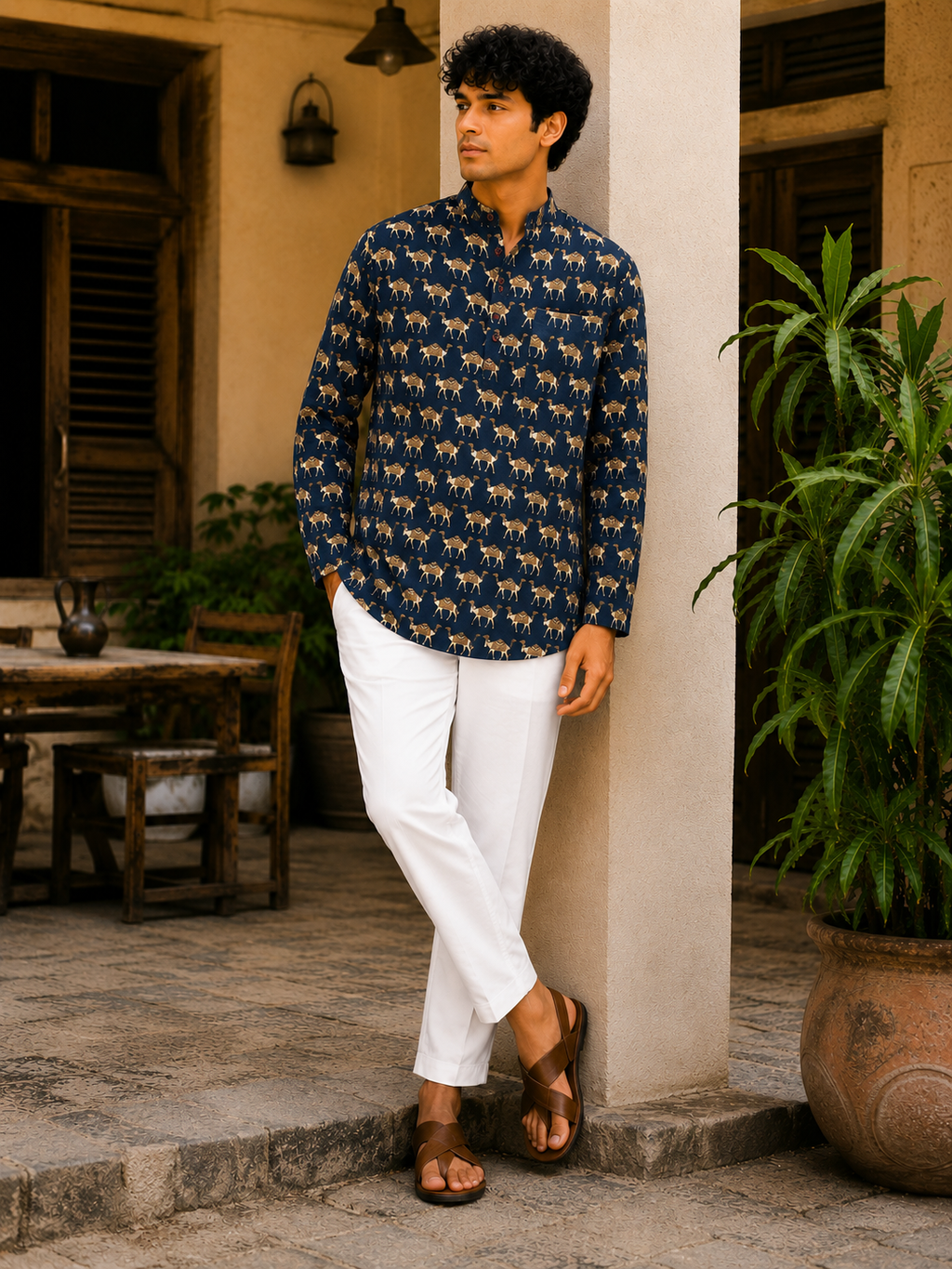 Men’s Navy Blue Sanganeri Print Cotton Short Kurta