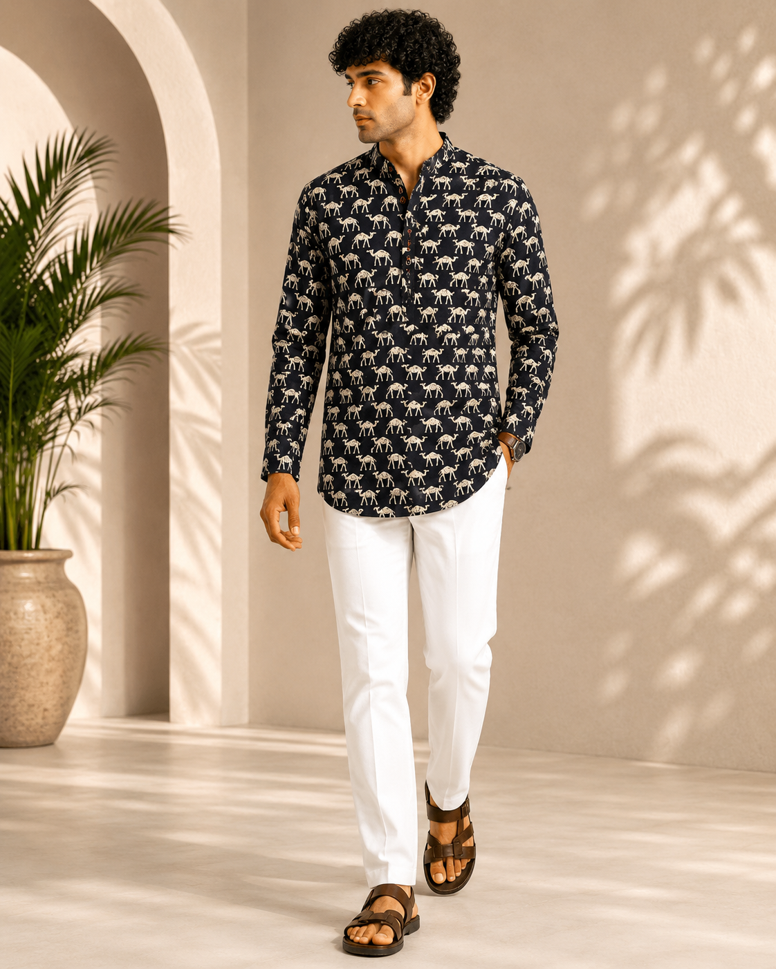 Men’s Black Sanganeri Print Cotton Short Kurta