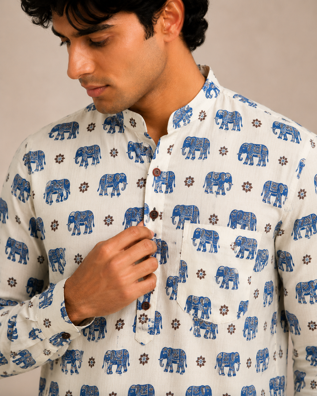 Men’s White Elephant Sanganeri Print Cotton Short Kurta