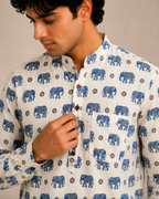 Men’s White Elephant Sanganeri Print Cotton Short Kurta