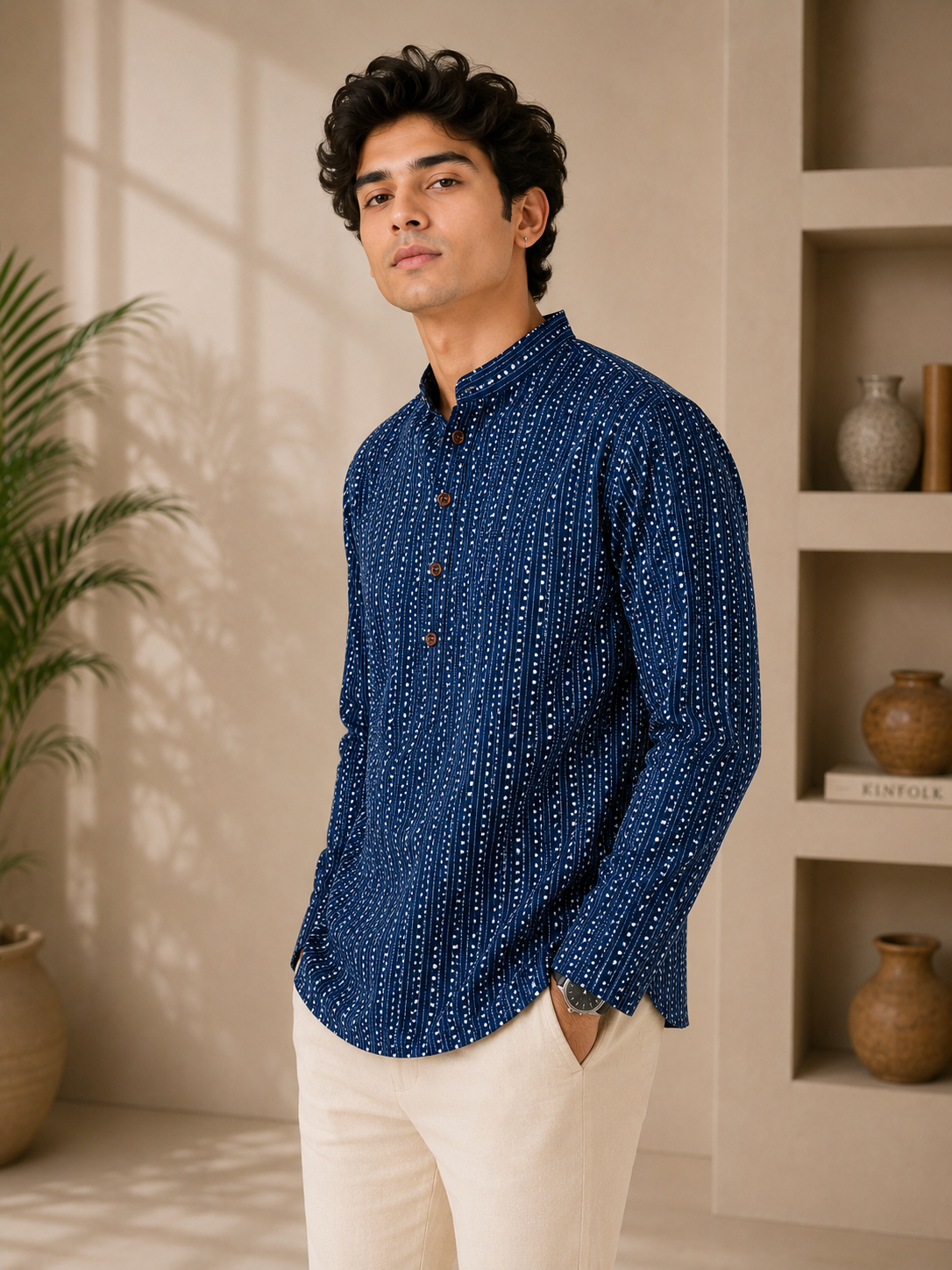 Men’s Indigo Sanganeri Print Cotton Short Kurta