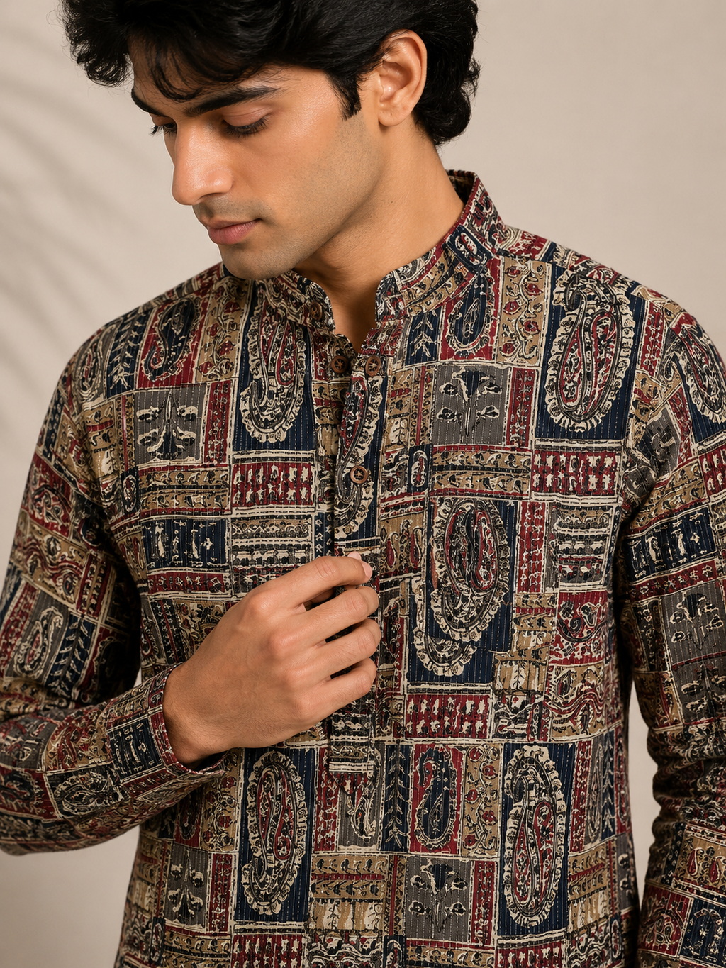 Men's Multicolor Sanganeri Print Cotton Short Kurta
