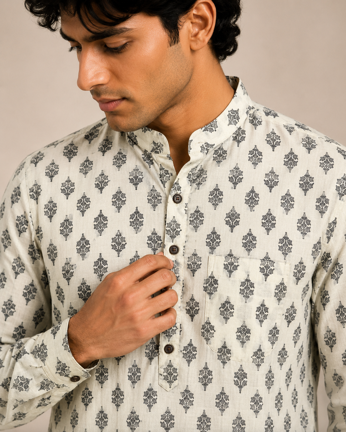 Men’s White Sanganeri Print Cotton Short Kurta