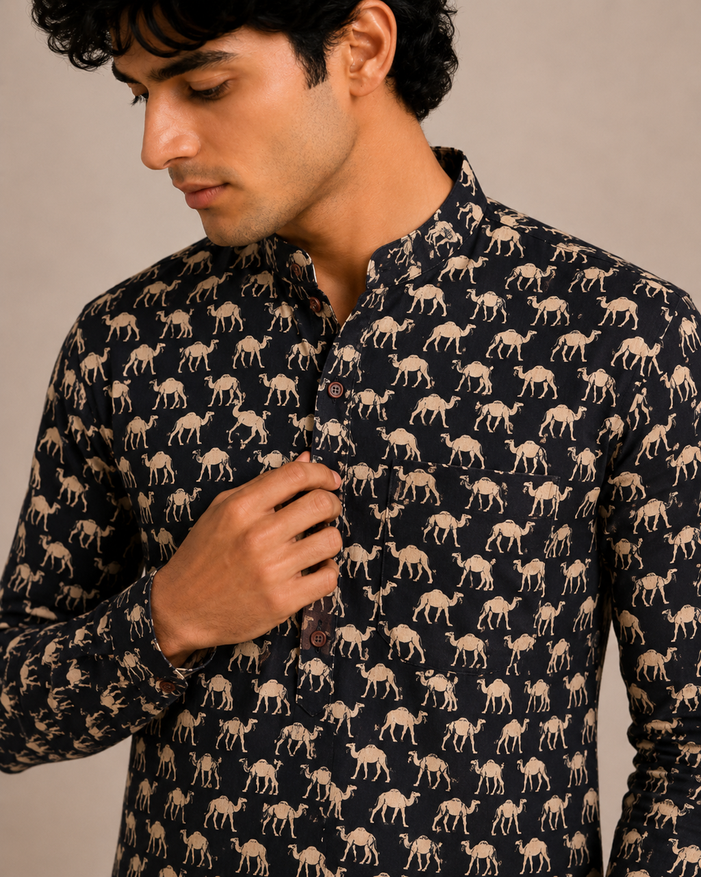 Men’s Black Sanganeri Print Cotton Short Kurta