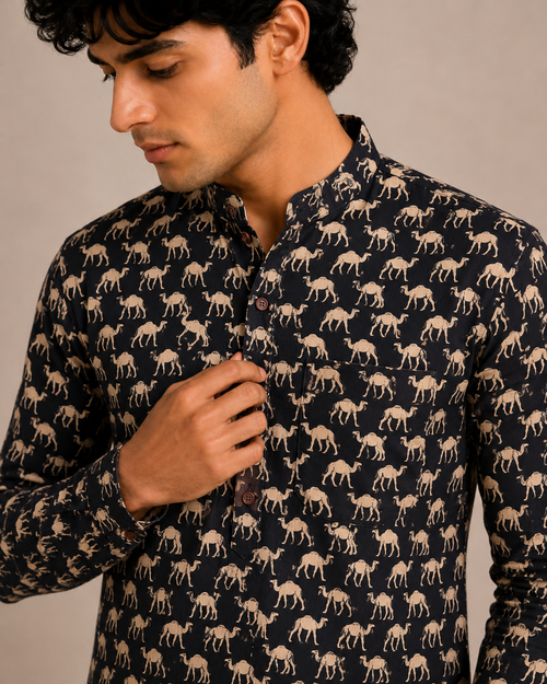 Men’s Black Sanganeri Print Cotton Short Kurta