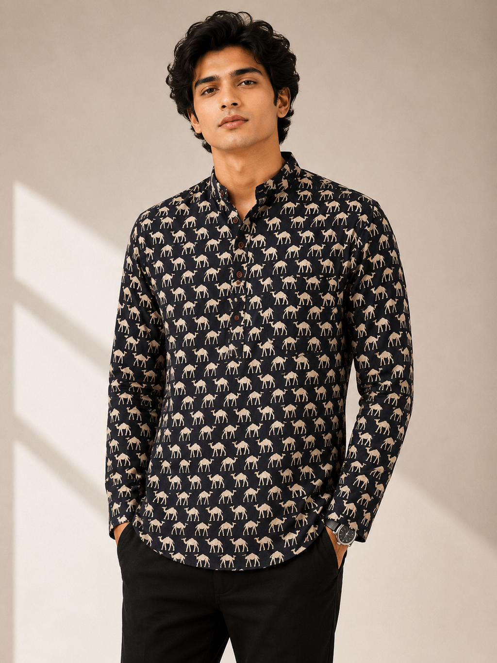 Men’s Black Sanganeri Print Cotton Short Kurta
