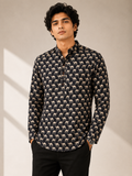 Men’s Black Sanganeri Print Cotton Short Kurta
