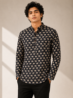 Men’s Black Sanganeri Print Cotton Short Kurta
