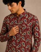 Men’s Maroon Sanganeri Print Cotton Short Kurta
