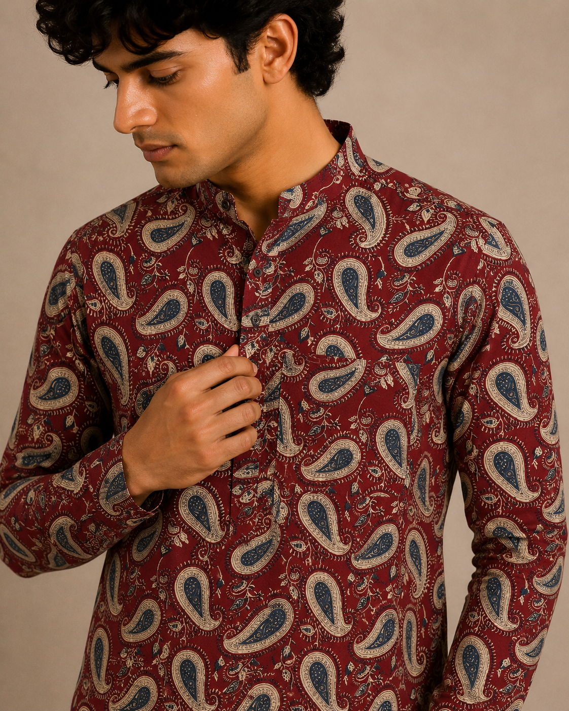 Men’s Maroon Sanganeri Print Cotton Short Kurta