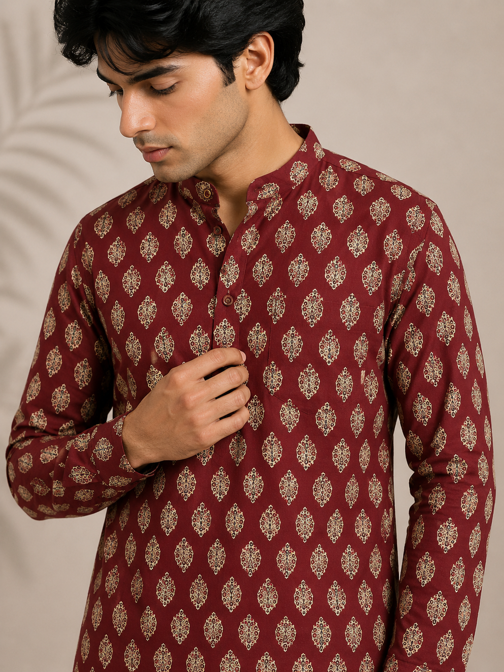Men's Maroon Sanganeri Print Cotton Short Kurta