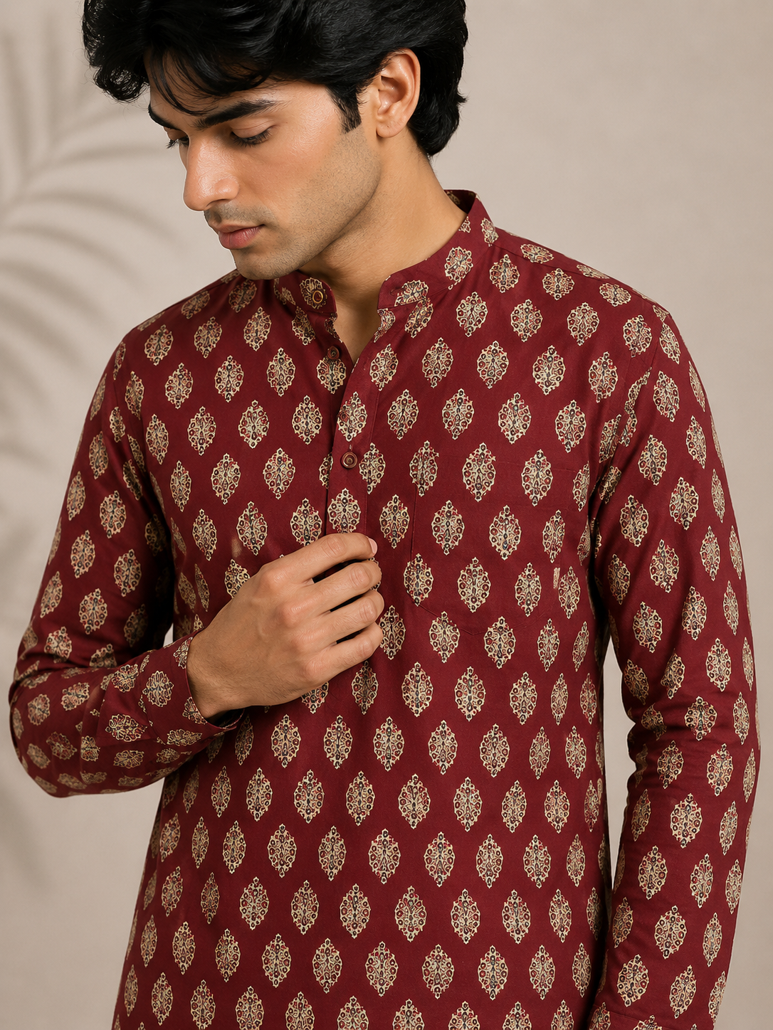 Men's Maroon Sanganeri Print Cotton Short Kurta