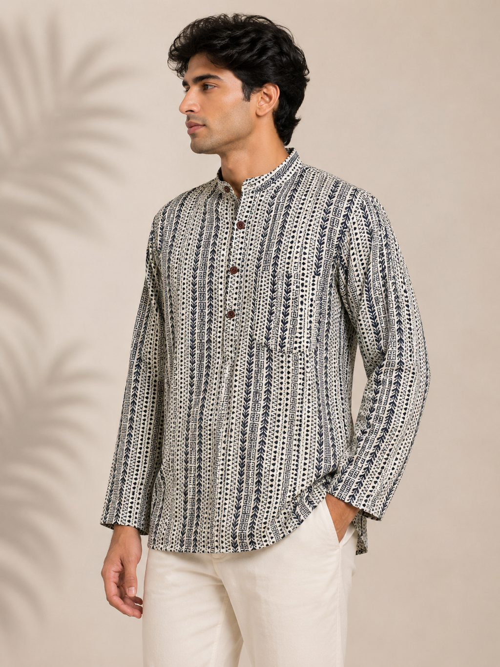 Men's Ivory & Navy Sanganeri Print Cotton Short Kurta