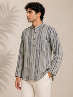 Men's Ivory & Navy Sanganeri Print Cotton Short Kurta