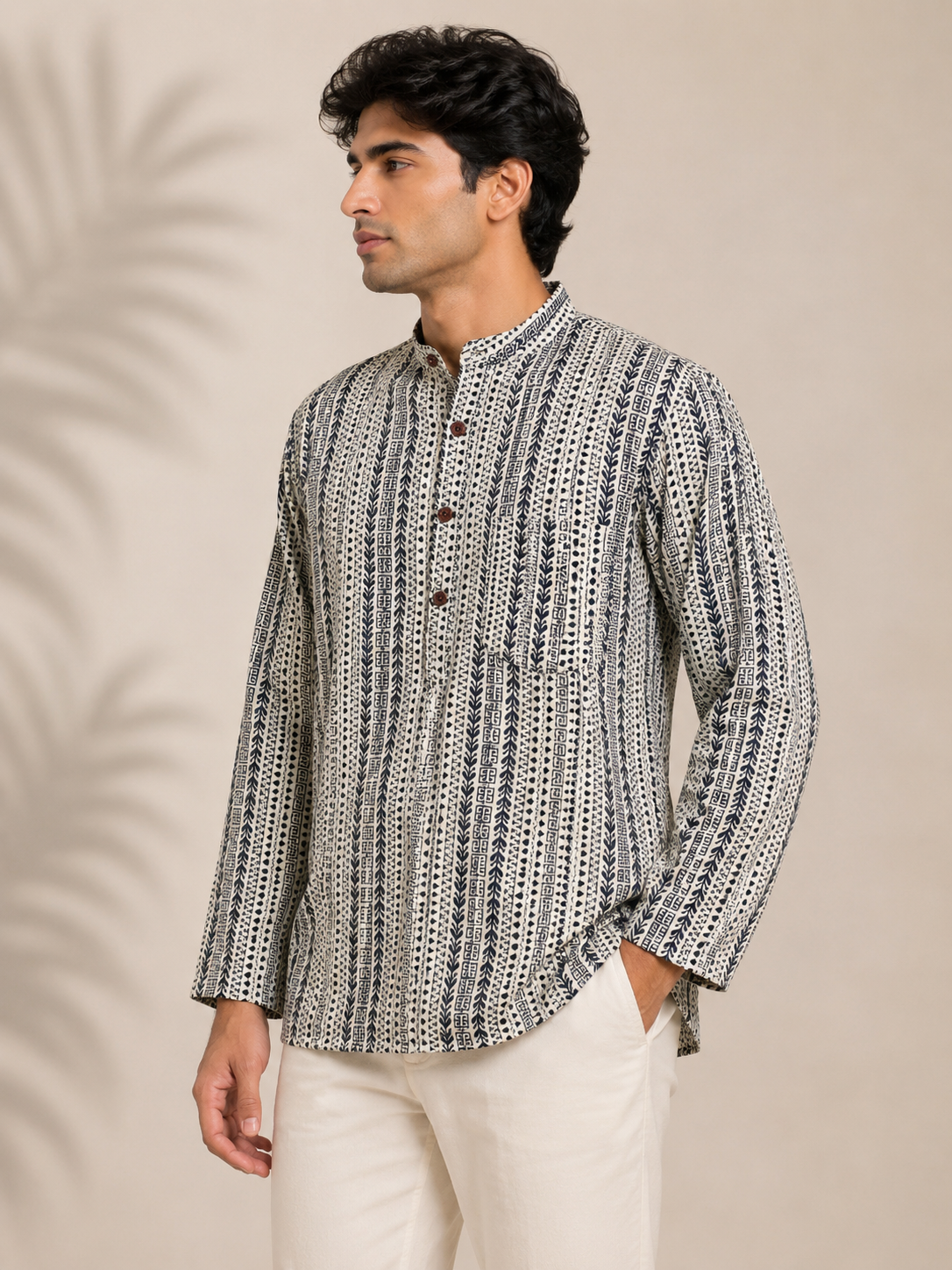 Men's Ivory & Navy Sanganeri Print Cotton Short Kurta