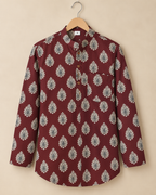 Men's Burgundy Heritage Sanganeri Print Cotton Short Kurta