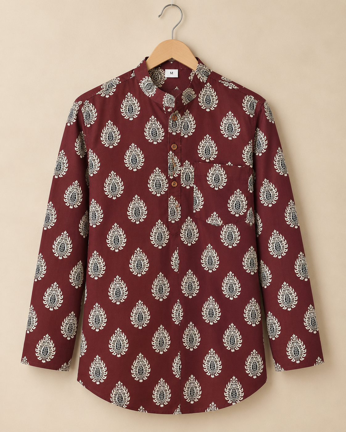 Men's Burgundy Heritage Sanganeri Print Cotton Short Kurta