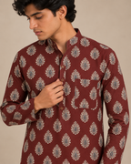 Men's Burgundy Heritage Sanganeri Print Cotton Short Kurta
