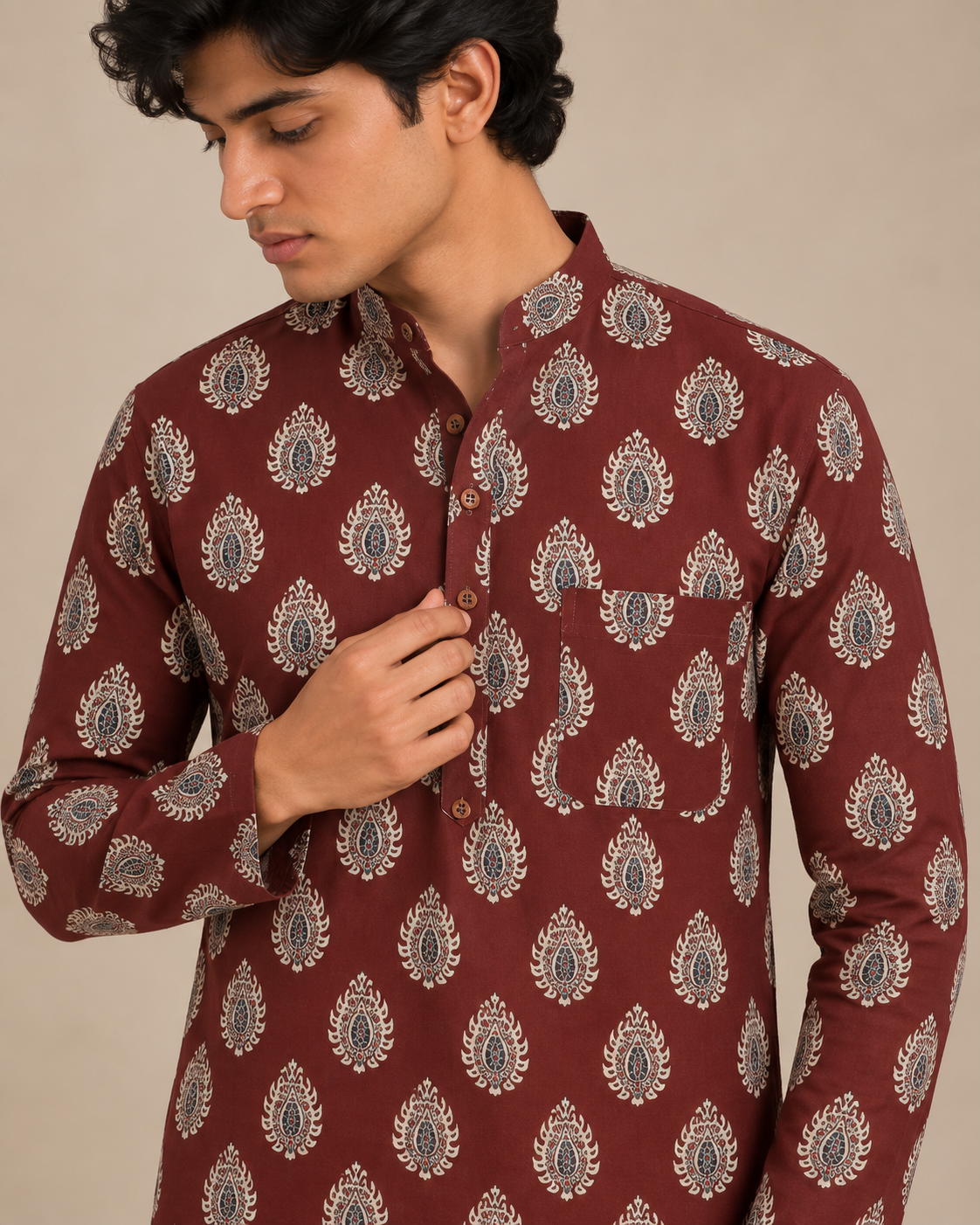 Men's Burgundy Heritage Sanganeri Print Cotton Short Kurta