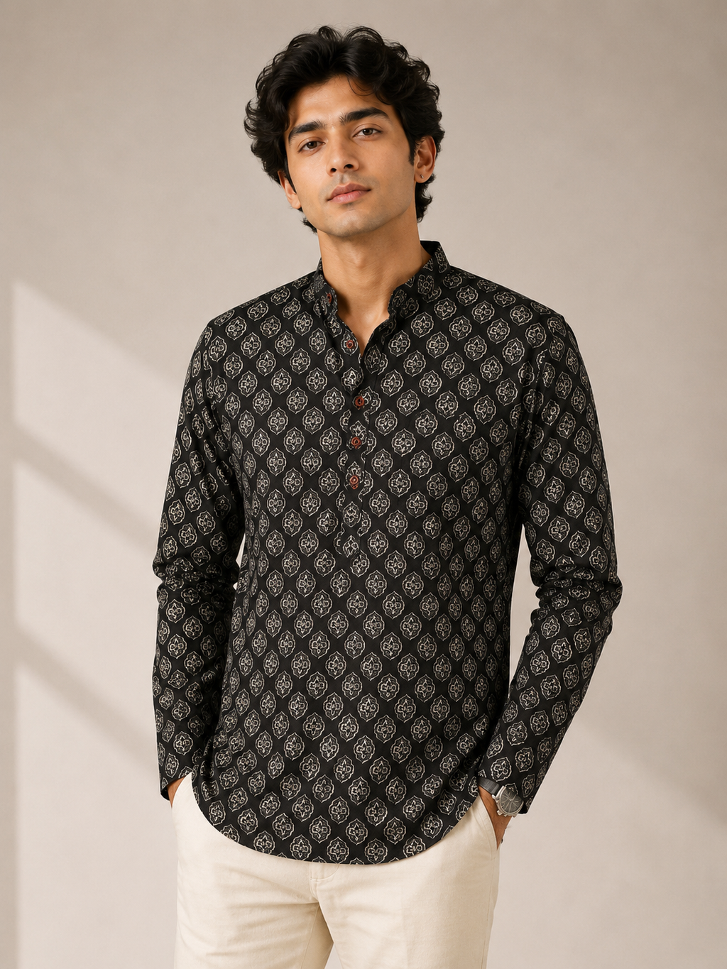 Men’s Black Sanganeri Print Cotton Short Kurta