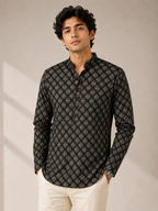 Men’s Black Sanganeri Print Cotton Short Kurta