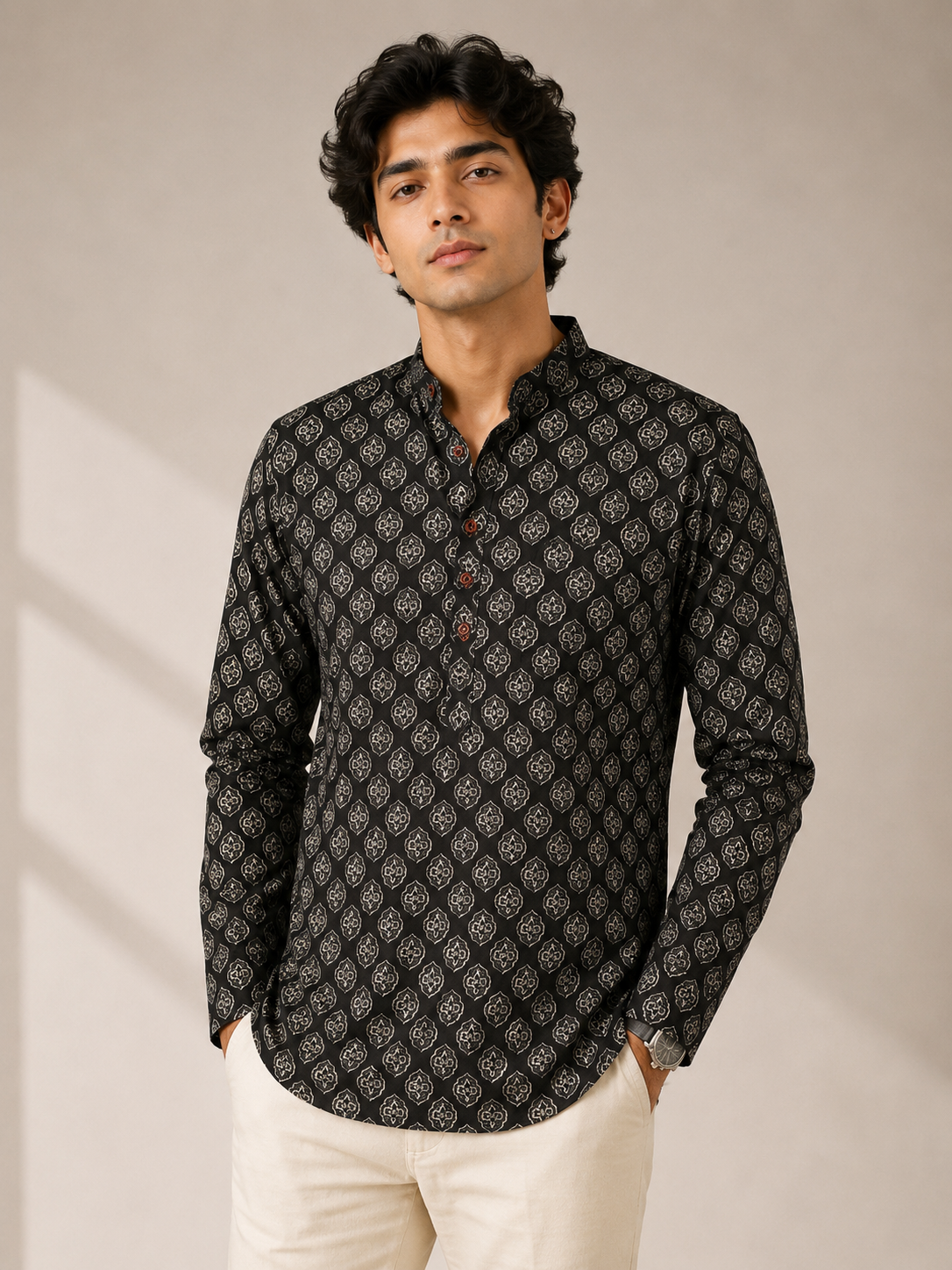 Men’s Black Sanganeri Print Cotton Short Kurta