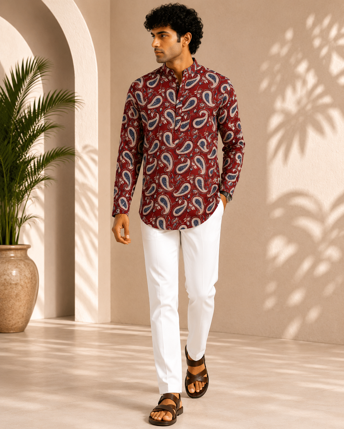 Men’s Maroon Sanganeri Print Cotton Short Kurta